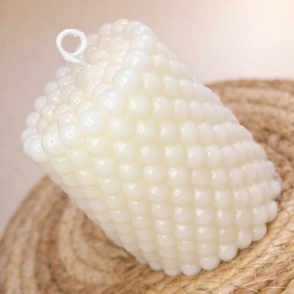 Vela artesanal cilíndrica con textura de pequeñas perlas