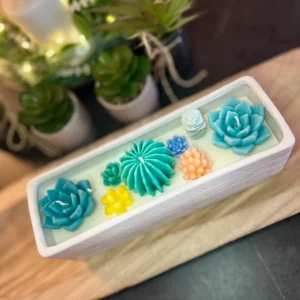 Terrario Zen es una vela artesanal inspirada en la serenidad de los jardines botánicos y la belleza minimalista de los cactus y suculentas