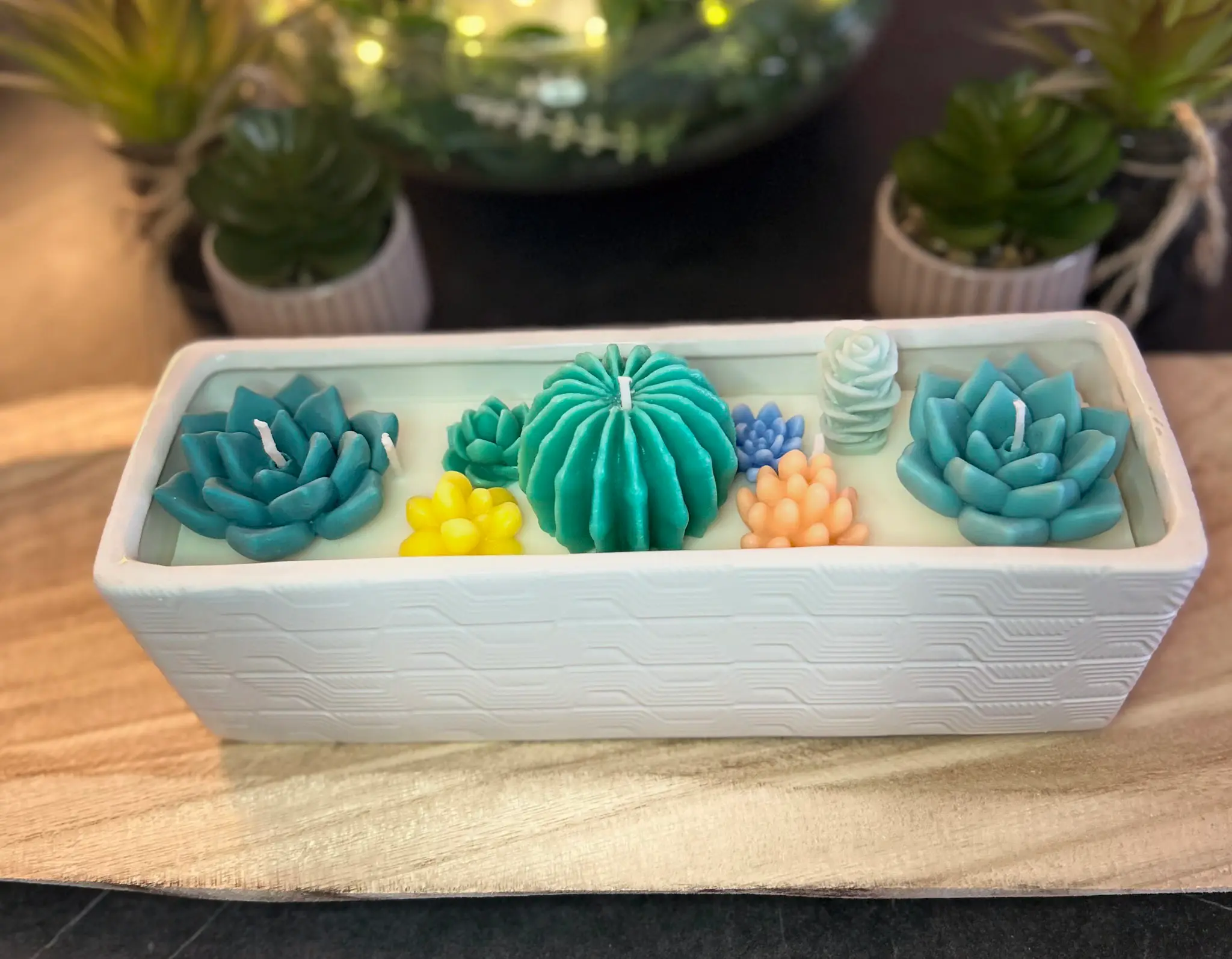 Terrario Zen es una vela artesanal inspirada en la serenidad de los jardines botánicos y la belleza minimalista de los cactus y suculentas